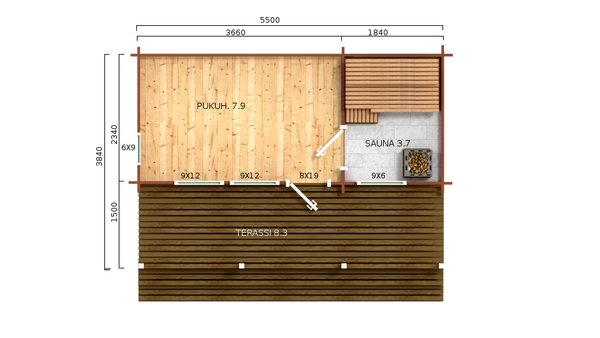 Saunatupa 19 moderni hirsikehikko VALMIIKSI PYSTYTETTYNÄ kattovasoineen ALE! KESÄKAMPANJA!