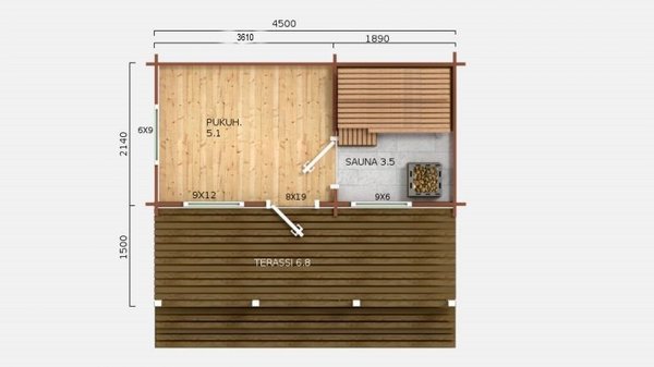 J15 Moderni saunan hirsikehikko 95mm hirrellä PYSTYTETTYNÄ + kattovasat ja aluskate kaupan päälle!